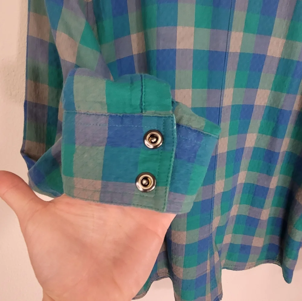 XL Prana Plaid Shacket 100% Organic Cotton Waffle Knit Lining Teal Green & Blue - Picture 11 of 16